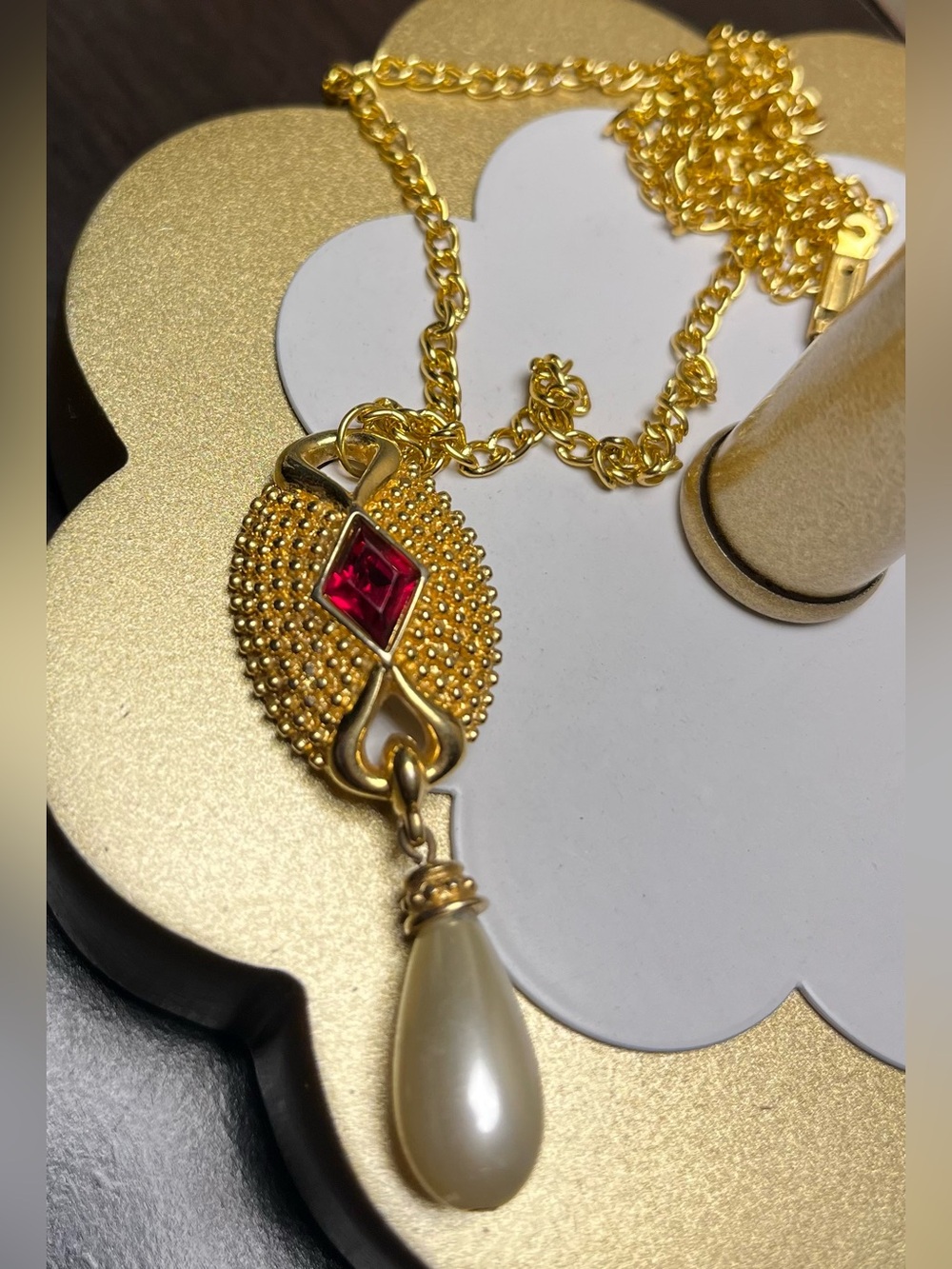 Swarovski Gold-Tone Red CrystalPendant and Faux Pearl Drop 1980’s vintage